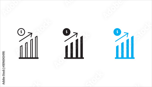 Outline icon of an increasing bar chart with dollar symbol, representing financial growth, revenue increase, investment success, and economic progress.