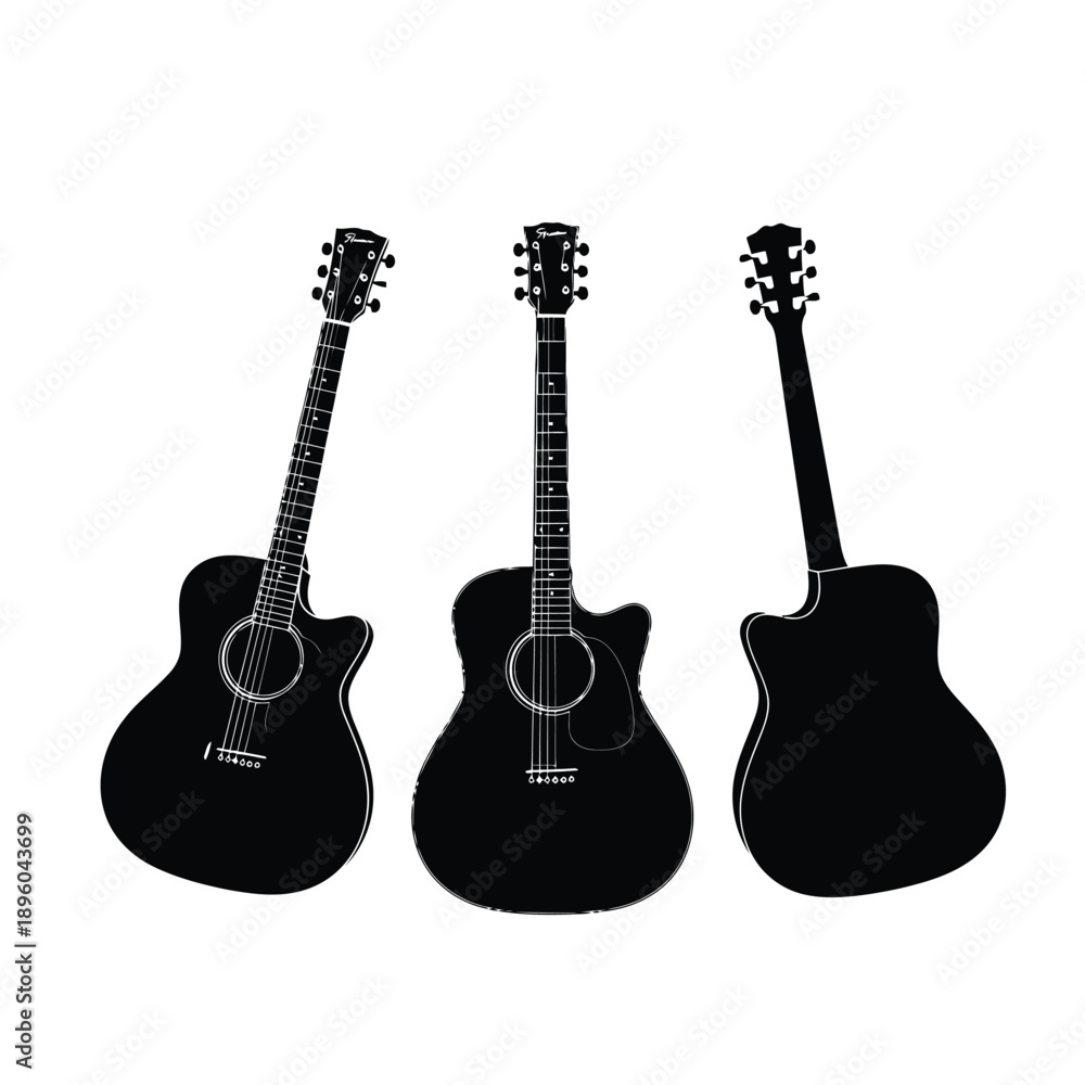 Naklejka premium Three black acoustic guitars in different views