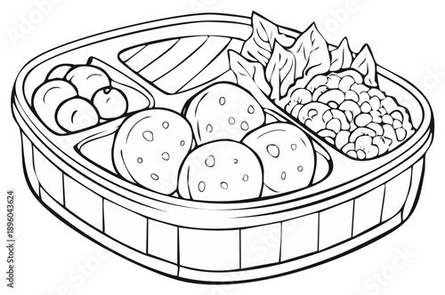 Bento box lunch illustration with assorted food in compartments, isolated.