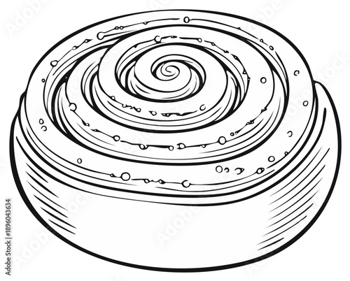 Ink drawing of a baked swirl pastry, a breakfast or dessert treat, isolated