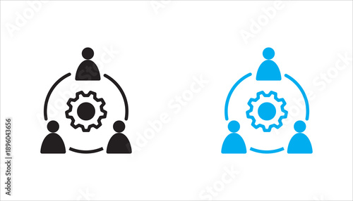 Outline icon representing teamwork and collaboration centered around a gear symbol. Ideal for business management, corporate teamwork, project coordination, and organizational structure concepts.