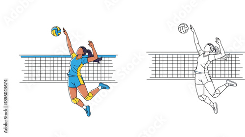 Female volleyball player spiking ball over net vector illustration set. Woman jumping in sport uniform flat design and black white outline sketch for coloring page.