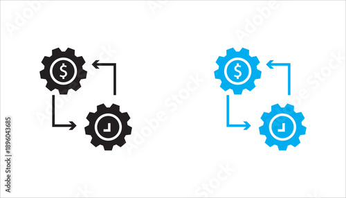 Line icon illustrating financial process and time management with gear symbols, arrows, and dollar sign. Suitable for business workflow, automation, accounting, productivity, and finance concepts.