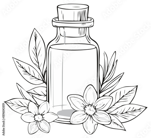 Essential Oil Bottle with Flowers and Leaves in Black and White Line Art