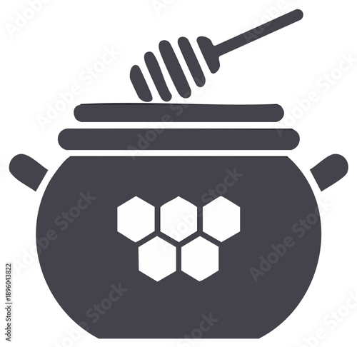 Honey Pot Icon with Honeycomb and Honey Dipper Sweet Organic Treat Symbol