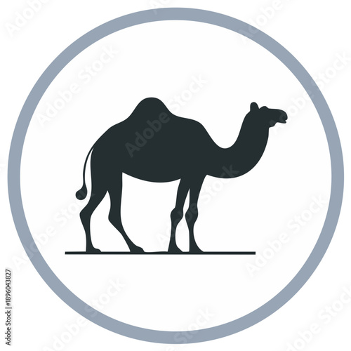 Dark Silhouette of a One Humped Dromedary Camel Icon in Round Frame