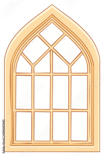 Illustration of Gothic window with curved top and rectangular panes and wooden frame