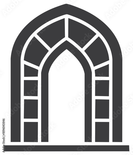 Gothic Architectural Archway Window Silhouette, Church Exterior Facade Graphic Icon