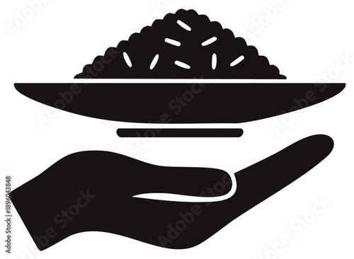 Human hand holding plate of rice icon symbolizing food aid hunger relief donation