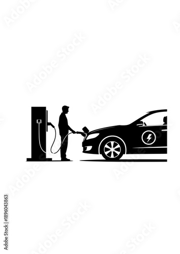 Electric Vehicle Charging Silhouette Person Plugging in Car Sustainable Transport Vector