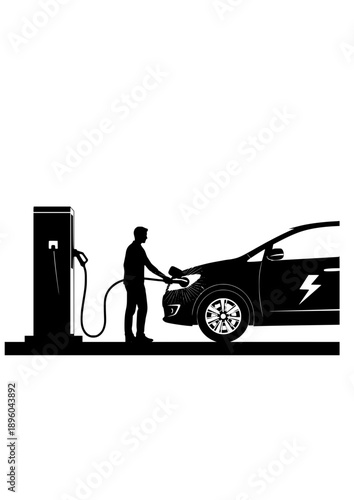 Electric Vehicle Charging Silhouette Person Plugging in Car Sustainable Transport Vector