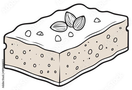 Hand drawn vector illustration of a sweet halva or nougat confection bar garnished with almonds