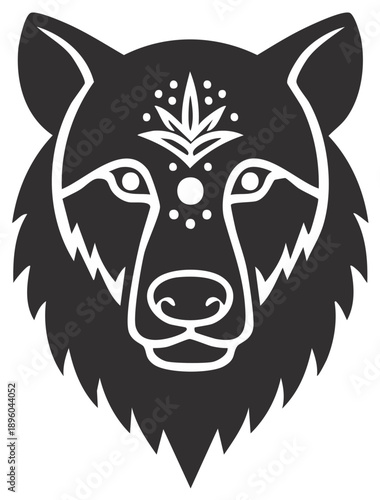 Stylized wolf head with mystical forehead markings. Vector icon of a spiritual tribal animal mascot.