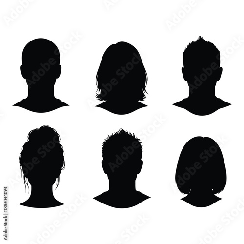 Collection of six black silhouette profiles of people with various hairstyles