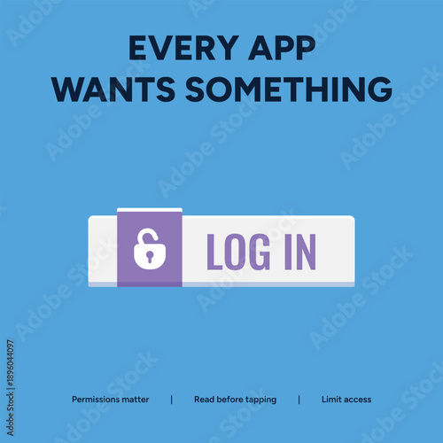 Mobile App Permissions Awareness Graphic with Log In Button and Padlock Icon for Cybersecurity Training on Blue Background
