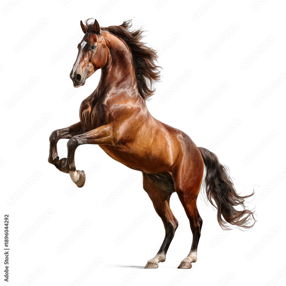 Fototapeta premium Brown Horse Rearing on Transparent Background with Flowing Mane and Muscular Body