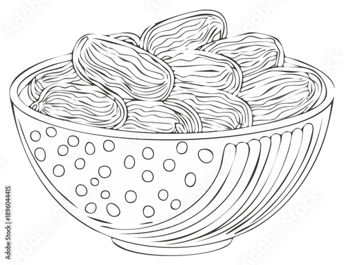 Stylized bowl overflowing with sweet dates, outlined with polka dots and striped pattern details, fresh and healthy food illustration