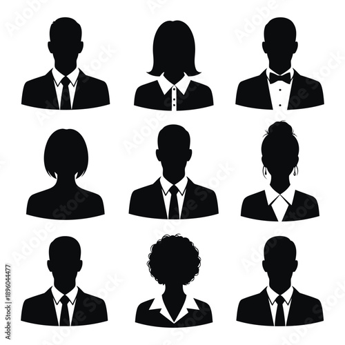 Collection of black silhouettes of business people in formal wear