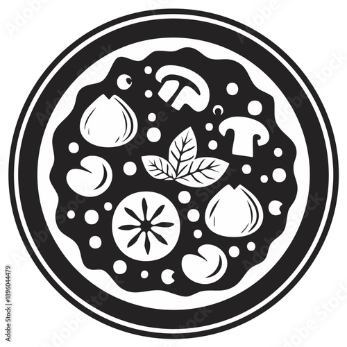 Black and white pizza illustration with mushrooms, tomatoes, and basil.