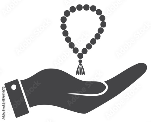 Human hand palm open with spiritual prayer beads tasbih rosary vector icon