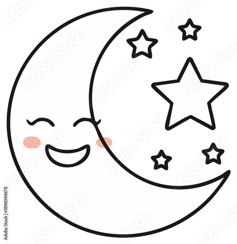 Cartoon Smiling Crescent Moon with Stars Outline Drawing Cute Sleepy Lunar Face