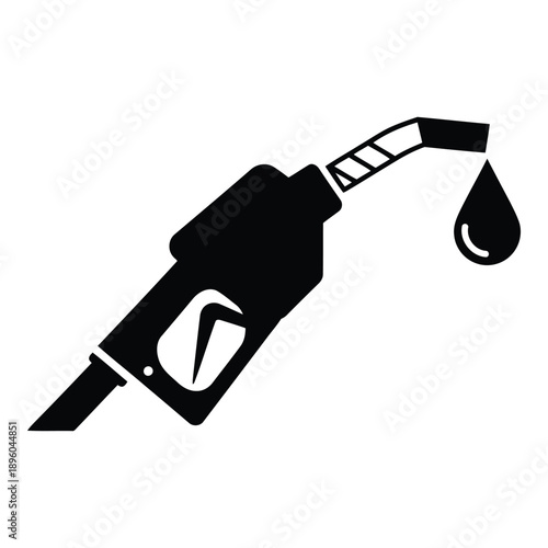 Black silhouette of a fuel pump nozzle with a single drop of gasoline