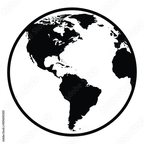 Black and white illustration of the earth with continents in black