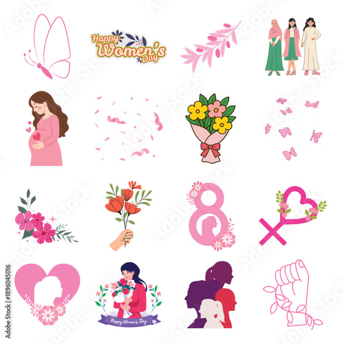 Pregnancy and motherhood icon set. Vector pink female profiles flowers and butterflies for Women's Day design