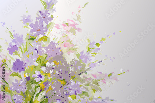Delicate watercolor painting of blooming lilac and other spring flowers