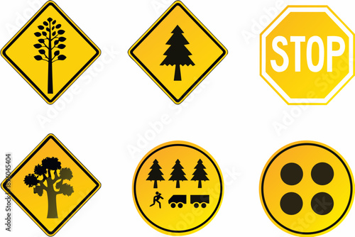 Collection of yellow traffic and warning signs featuring trees and animals