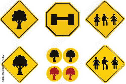 Collection of yellow warning signs depicting trees people and a highway