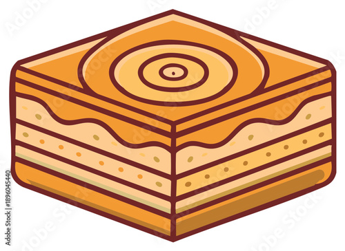 Illustration of a layered square baklava with sweet syrup and concentric circle design on top, perfect for dessert menus or icons.