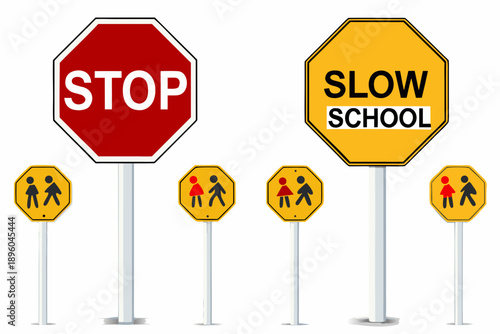 Road signs including stop slow and school crossing warnings are displayed