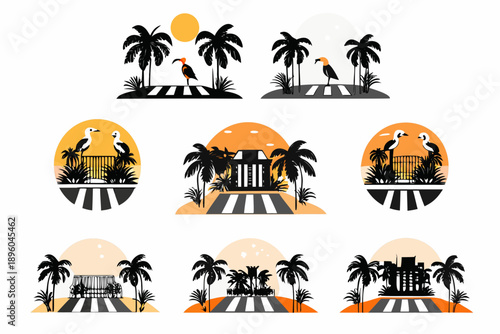 Tropical scenes with palm trees toucans and vibrant sunset backgrounds