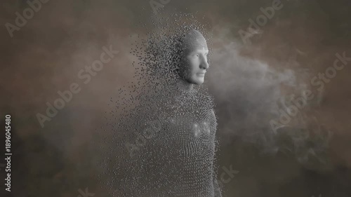 Animation of digital human over smoke on grey background