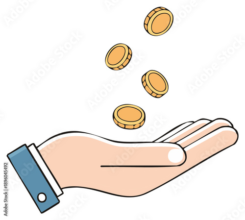 Illustration of gold coins falling into an open hand for finance and wealth concepts