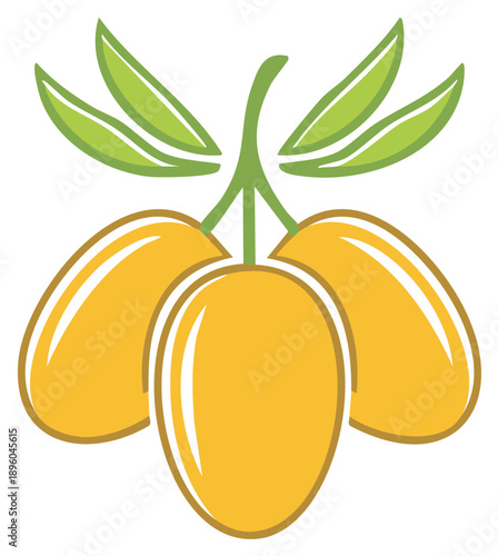 Three ripe olives on a branch, stylized design featuring green leaves and golden fruits.