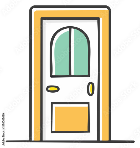 Illustration of a simple arched doorway with window panes and door knob