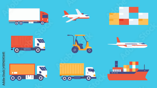 Illustrative icons depicting various modes of cargo transportation and logistics