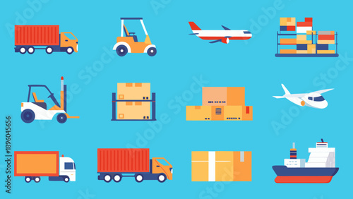 Logistics and transportation icons depicting various shipping methods and containers