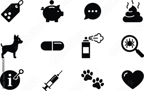 Black solid icon set with pet medical shopping chat health symbols vector illustration isolated silhouette design