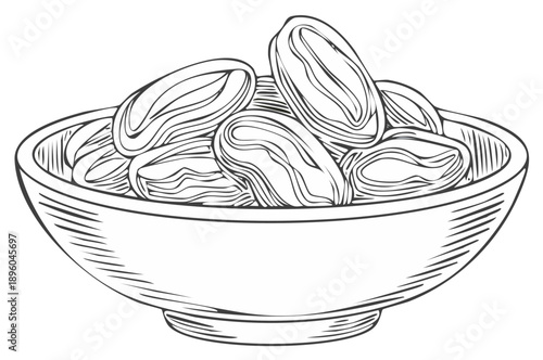 Bowl brimming with luscious dates, outlined drawing, food illustration