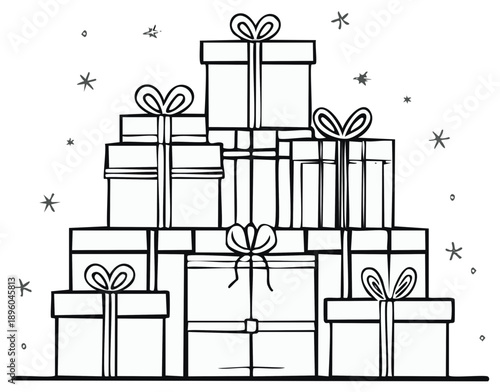 Holiday Gift Box Pile Stacked with Festive Ribbon Bows and Stars Illustration