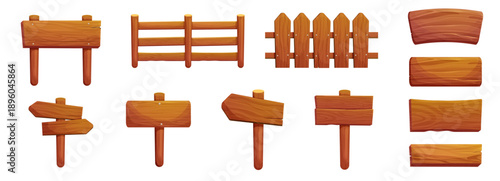 Set of wooden textured panels, signboards with pointer, fence with nails. Rustic board, plank with place. Ui game menu interface, design elements assets