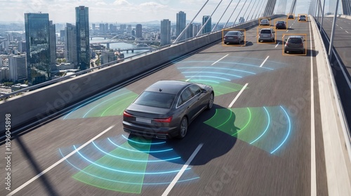 Autonomous Driving Vehicle on Modern City Bridge. Self Driving Technology, Advanced ADAS Systems, Artificial Intelligence Mobility, Smart Traffic Detection, Future Transportation Concept