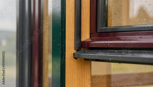 Closeup medium shot of colorcoated aluminum clad windows featuring vibrant exterior finishes combined with rich wood interiors blending style with robust weather protection.