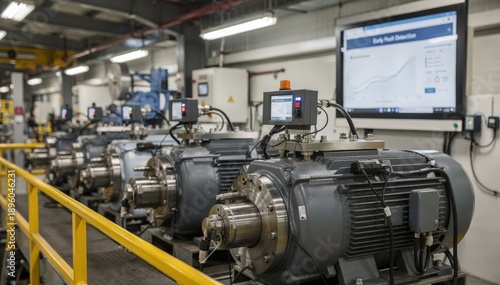 Overview medium shot focusing on temperature sensors on critical rotating equipment emphasizing data collection for early fault detection in a manufacturing plant.