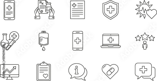 Medical healthcare line icons set with pharmacy insurance prescription hospital mobile app symbols vector illustration outline minimal modern