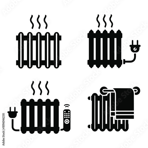 Collection of black radiator icons with various heating elements and controls
