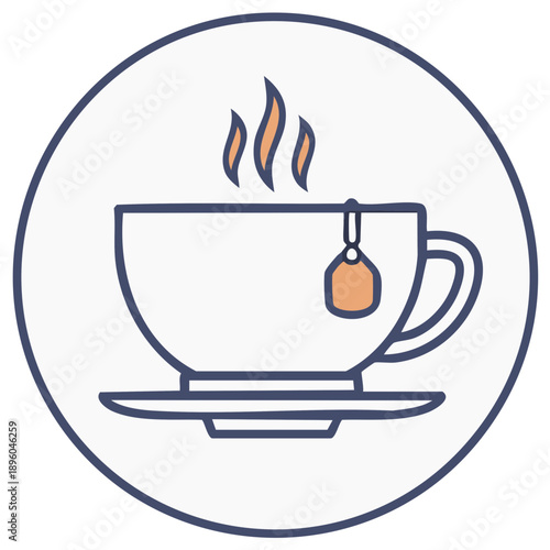 Steaming cup of tea with tea bag, simple design inside a circle